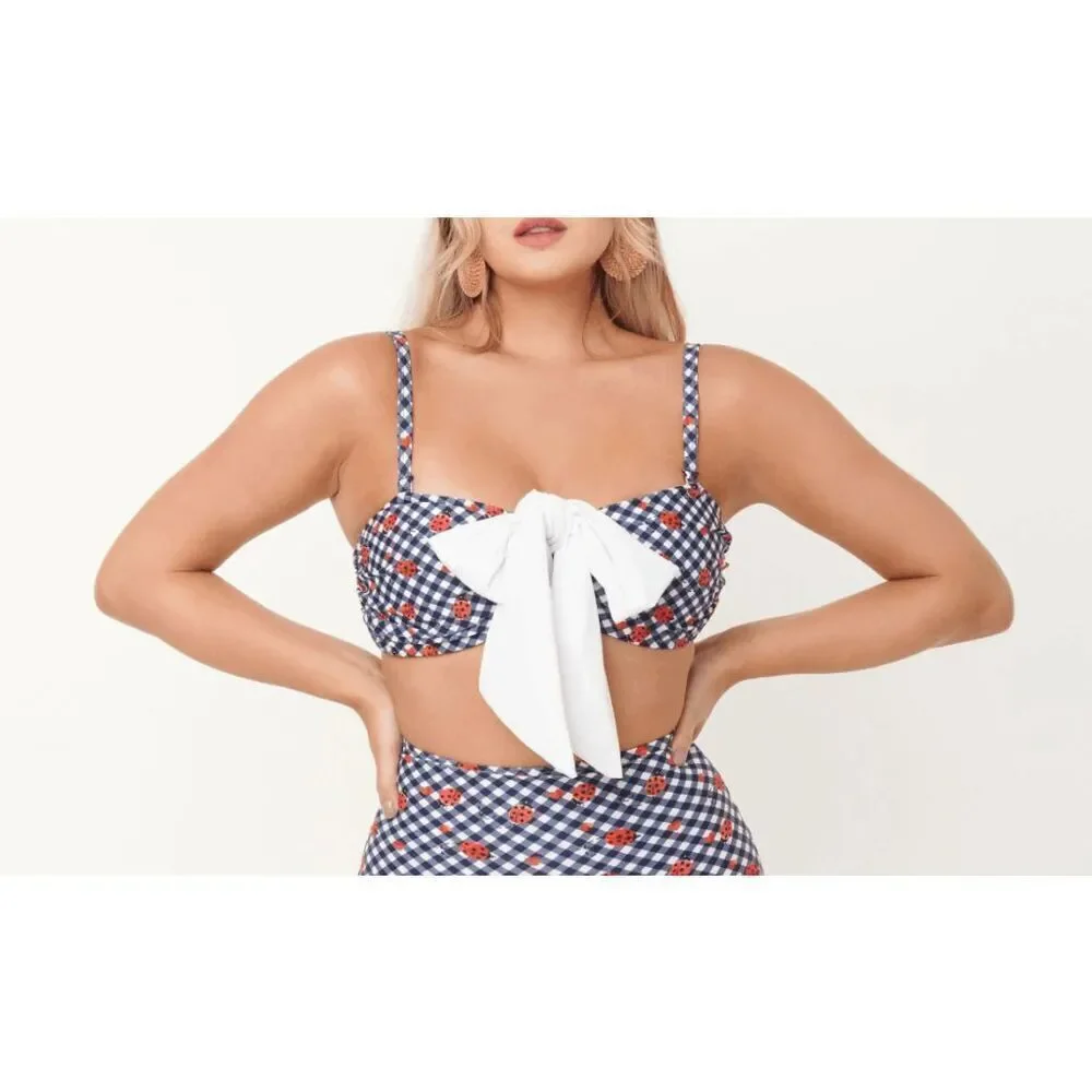 Unique Vintage Navy Gingham Ladybug Bikini Top L Swim Retro Pin-Up